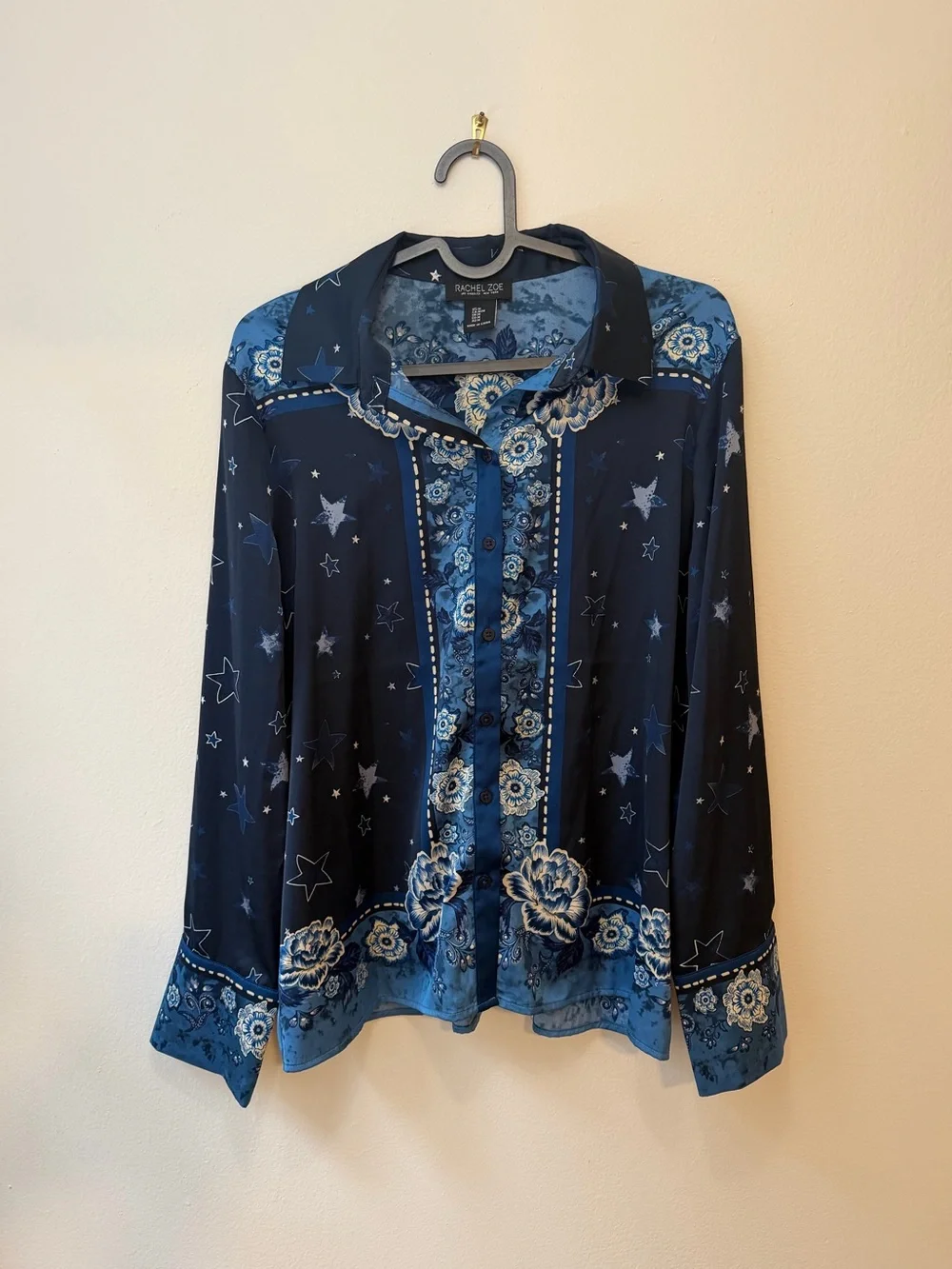 Rachel Zoe Navy and Light Blue Floral Star-Print Button Down Blouse - Picture 1 of 3